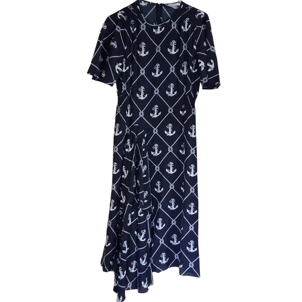 Balivega Italy 100% Silk Anchor Nautical Print Ruffle Accent Size 40 Dress 8-10